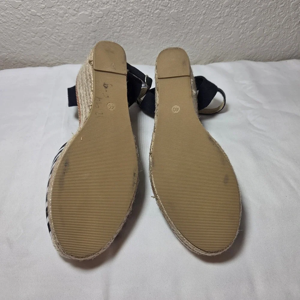 Esmara Navy Blue White Striped Espadrille Wedge Sandals Ankle Strap 8.5 403401